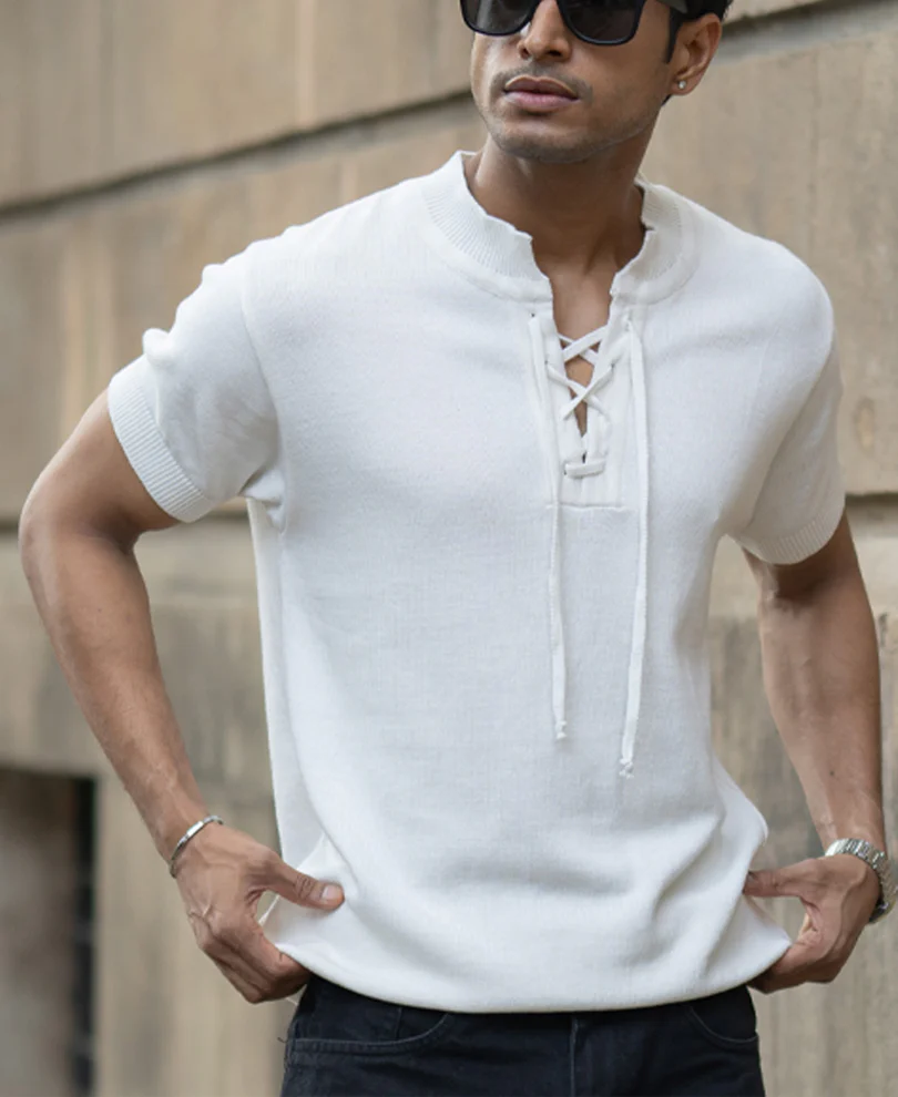 White Knitted Regular Fit Henley T-Shirt 100% Cotton - Image 2