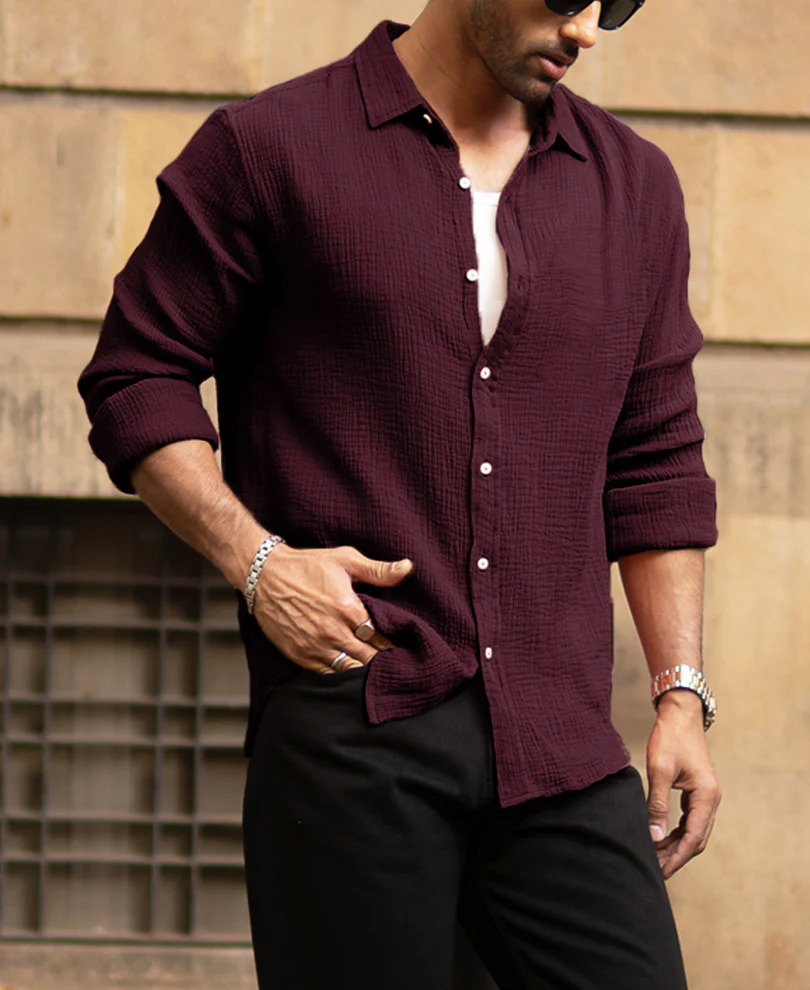 Wine Crinkled Shirt 100% Cotton