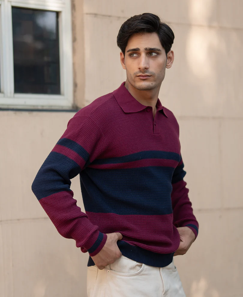 Wine Stripe Knit T-Shirt 100% Cotton
