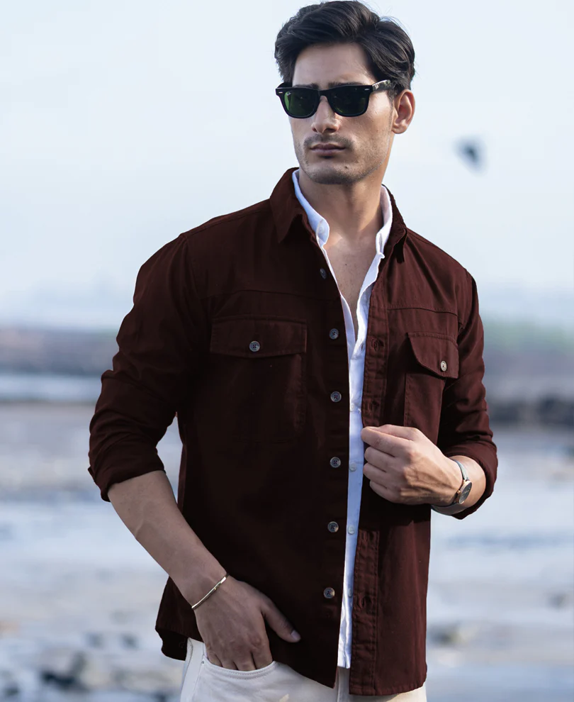 Wine Structured Overshirt With Pockets - Image 3