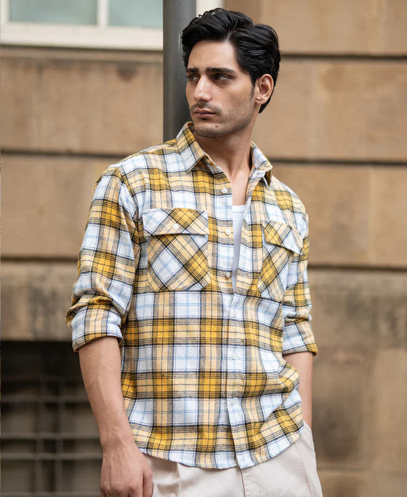 Yellow Checks Double Pocket Shirt